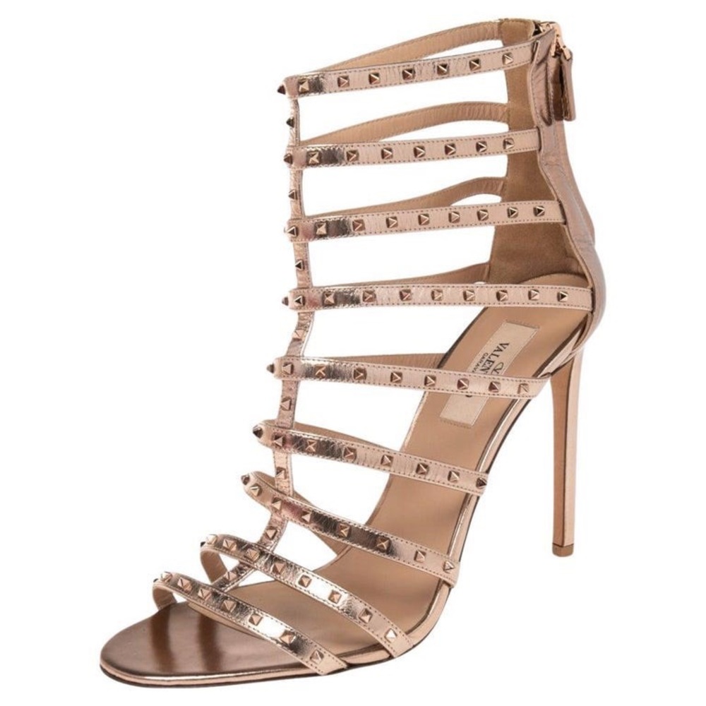 Valentino metallic rose gold leather cage studded sandals